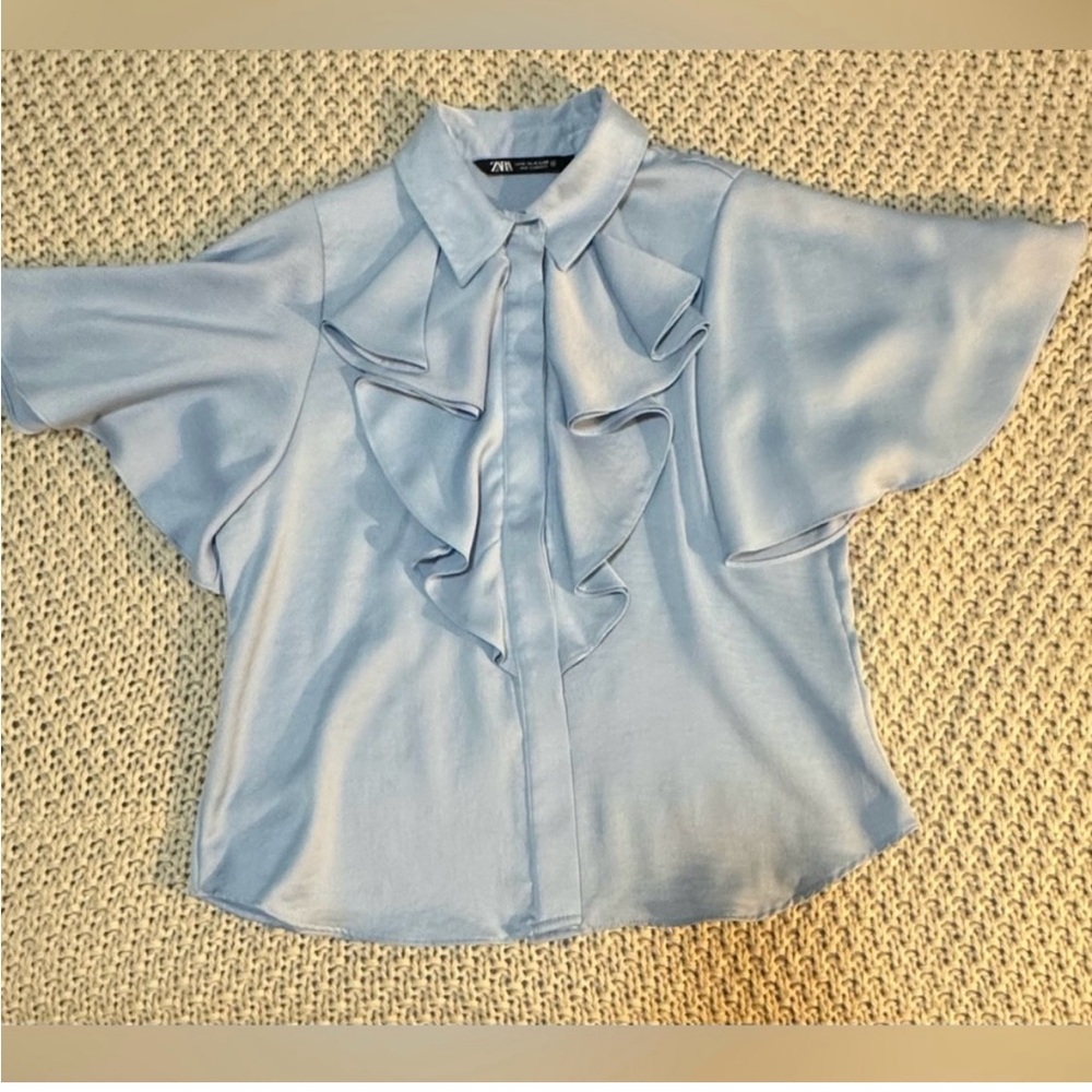 Zara Sky Blue Ruffle Front Top - Picture 2 of 4